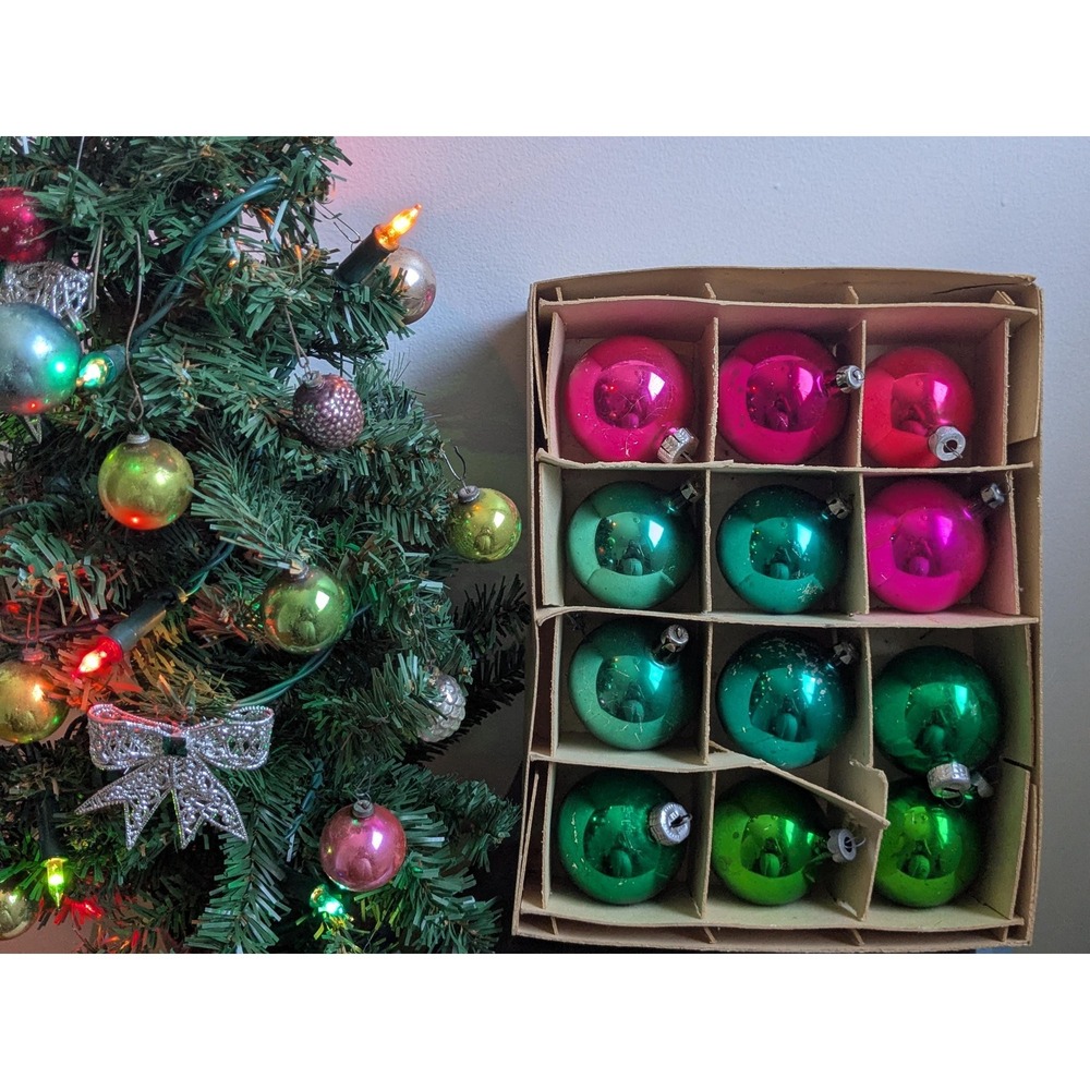Vintage Mercury Glass Christmas Ornaments Set of 12 Pink Green Glass Balls Shiny